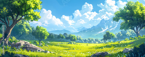 A colorful anime-style illustration of a peaceful natural landscape, with mountains, trees and cherry blossoms under a sunny sky.