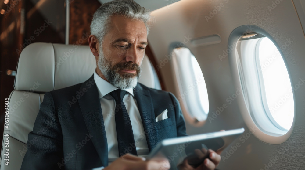 A middle-aged businessman looks sharp in his suit while using a tablet on a business trip aboard a plane A middle-aged businessman looks sharp in his suit while using a tablet on a business trip aboard a plane