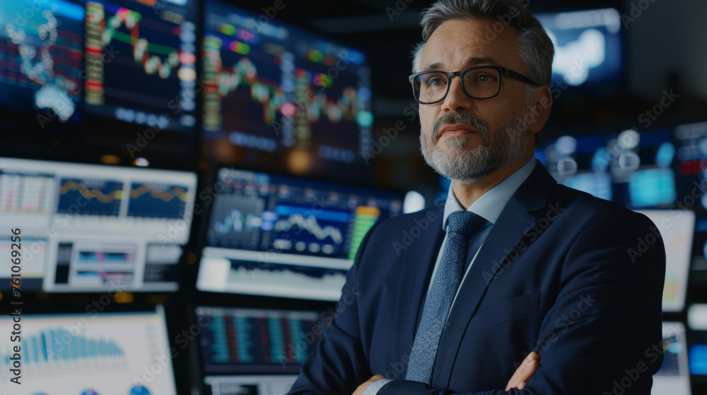 A middle-aged businessman dressed professionally in a suit is intently focused on the stock market screens in front of him A middle-aged businessman dressed professionally in a suit is intently focused on the stock market screens in front of him