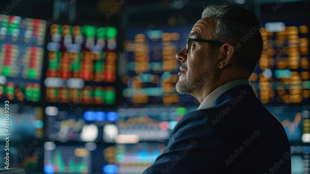 A middle-aged businessman dressed professionally in a suit is intently focused on the stock market screens in front of him A middle-aged businessman dressed professionally in a suit is intently focused on the stock market screens in front of him