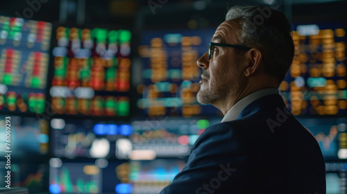 A middle-aged businessman dressed professionally in a suit is intently focused on the stock market screens in front of him photo