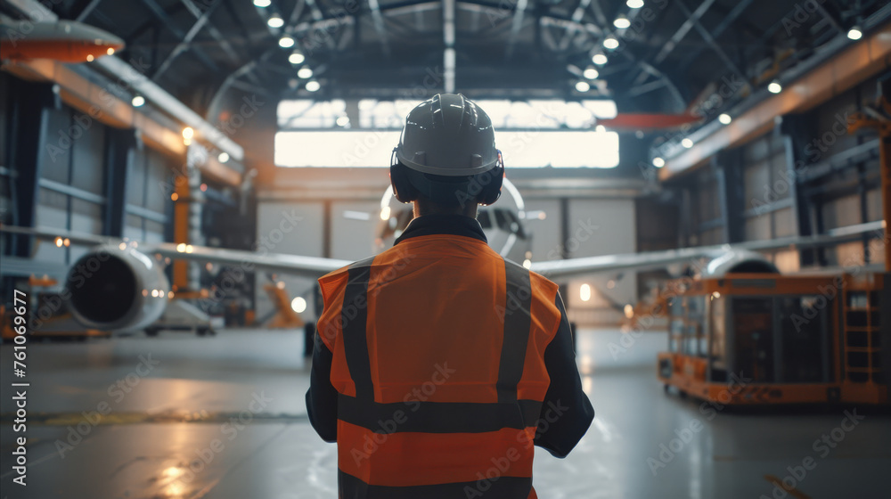 An engineer wearing a reflective vest stands in a hangar, holding a digital tablet, while a plane is being built in the background An engineer wearing a reflective vest stands in a hangar, holding a digital tablet, while a plane is being built in the background