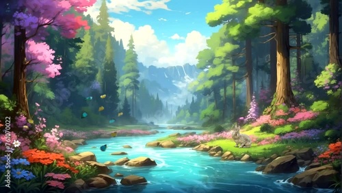 Beautiful natural scenery of forests, rivers and flowers blooming butterflies dancing in spring Seamless looping 4k time-lapse animation video background