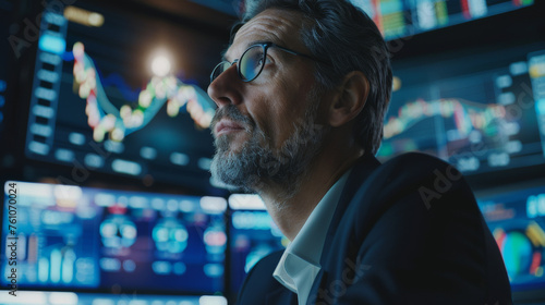 A middle-aged businessman dressed professionally in a suit is intently focused on the stock market screens in front of him