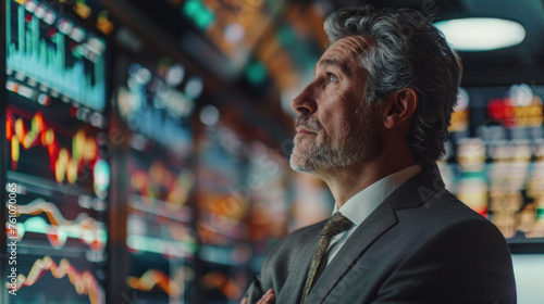 A middle-aged businessman dressed professionally in a suit is intently focused on the stock market screens in front of him