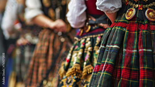 A closeup of a group of friends wearing lederhosen and dirndls the traditional clothing worn at Oktoberfest complete with elaborate designs and intricate embroidery.
