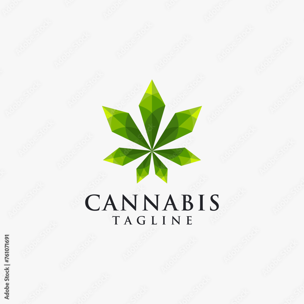 Modern geometric hemp cannabis marijuana logo icon vector template, with lowpoly style on white background