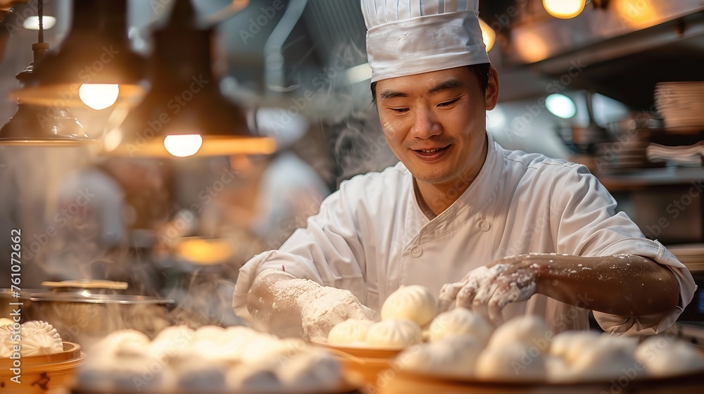 Over a typical kitchen setting, a male Chinese chef is steaming buns satisfying himself with perfect buns and space, Generative AI.