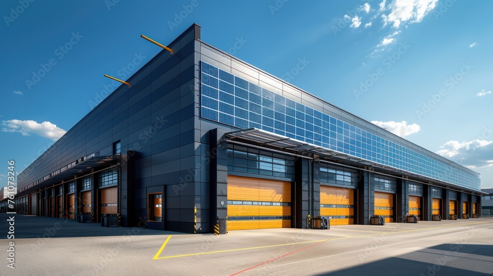 Fototapeta premium A large modern warehouse equipped with solar panels, featuring numerous loading docks under clear blue sky
