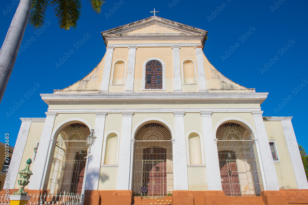 Holy Trinity Church (Iglesia de la Santisima Trinidad) at Plaza Mayor in historic city centre of Trinidad, Cuba. Historic Trinidad Centre is a World Heritage Site. 