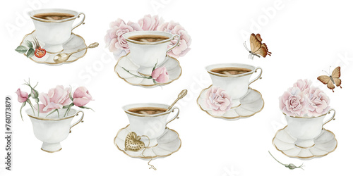 Set of compositions with cup of tea, pink rose hip flowers, red berries and brown butterflies. Floral watercolor illustration hand painted isolated on white background. Perfect for invitation, posters