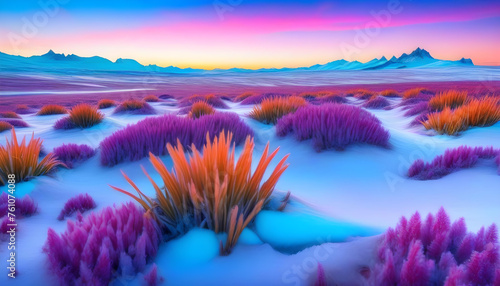 A digital artwork of a fantasy landscape with a frozen ground and alien-like plants in vibrant colors