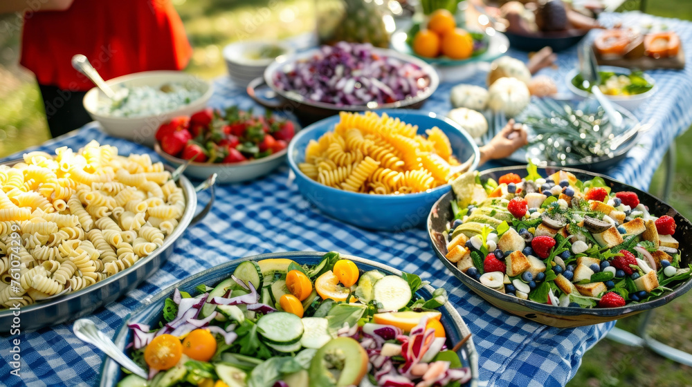 A variety of colorful salads including pasta potato and fruit are laid out on a tablecloth for a fresh and healthy picnic by the river.