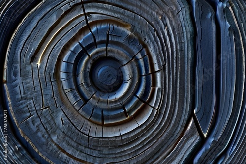 Old wooden oak tree cut surface. Detailed indigo denim blue tones of a felled tree trunk or stump. Rough organic texture of tree rings with close up of end grain. Generative AI