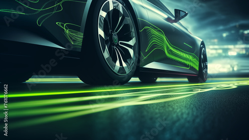 Low-angle view of a black electric car showcasing green aerodynamic flow lines in a simulated wind tunnel environment. 