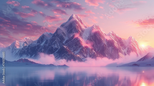 A mountain range with a pink sky in the background