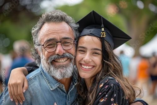 Portrait of a dad hugging graduate daughter in her convocation day with a beautiful blurry backdrop and space for text or product photo