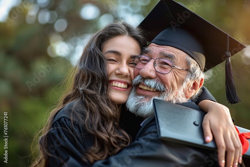 Portrait of a dad hugging graduate daughter in her convocation day with a beautiful blurry backdrop and space for text or product photo