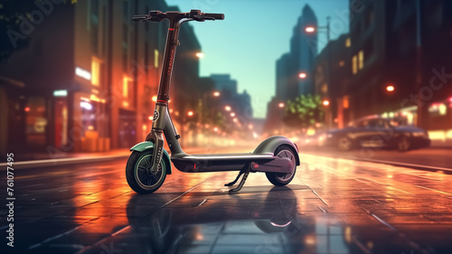 An electric scooter stands alone on a wet city street, reflecting the twilight ambiance and urban lights.
 photo