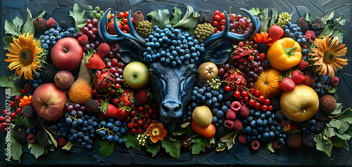 Vegetables and fruits decoration on black background