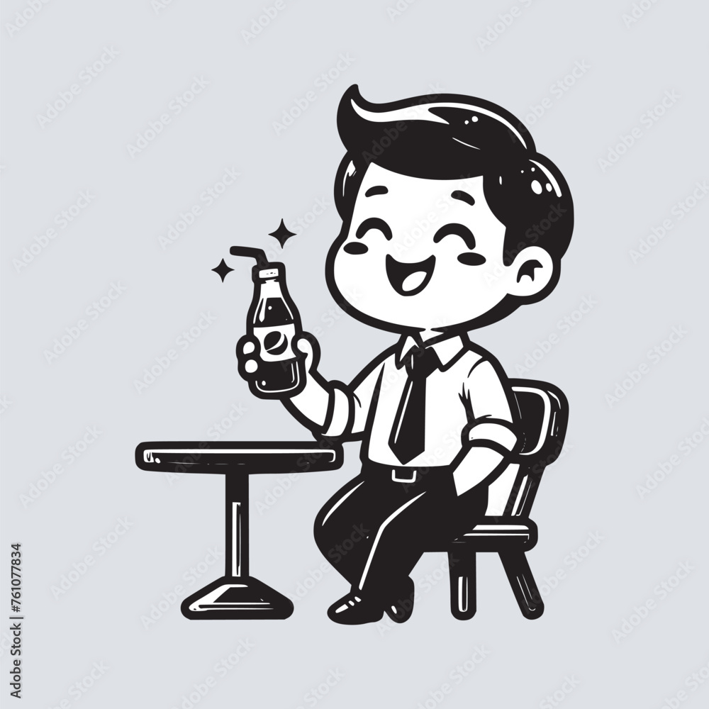 cartoon office worker man enjoy drinking soda black and white vector illustration