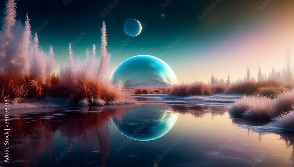 An alien planet with a pink sky and unique flora, with a reflection in the water