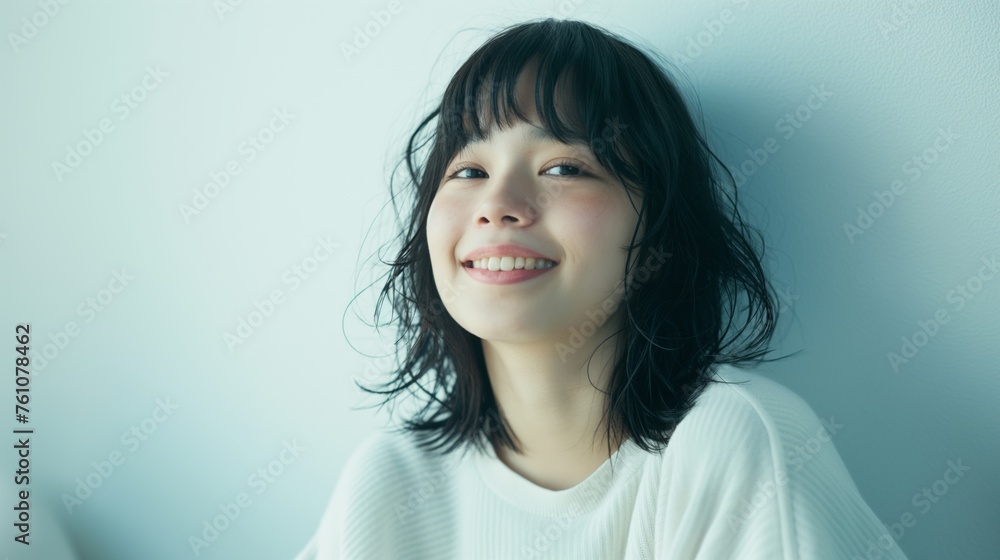 Portrait of a young attractive asian woman relaxing in a white room. Portrait of a young attractive asian woman relaxing in a white room.