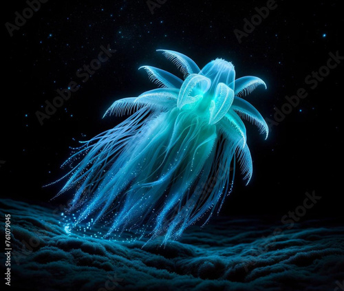 luminescent jellyfish radiates blue light in the deep ocean