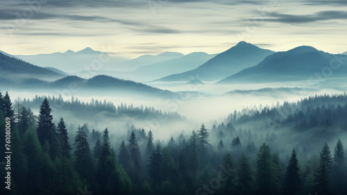 Misty mountain forest landscape in the morning scenery © BornHappy