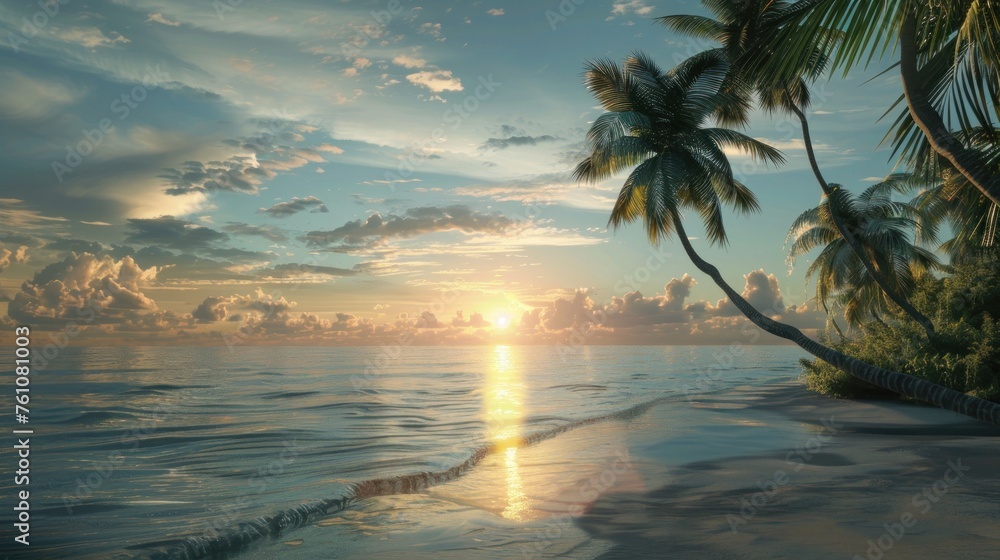 Beach with coconut trees at sunset Beach with coconut trees at sunset