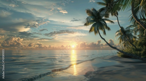 Beach with coconut trees at sunset