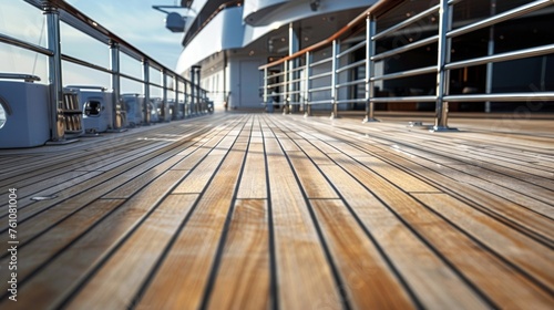 The warm and inviting texture of a yachts wooden deck with its smooth yet slightly weathered planks adorned with elegant and sy railings. © Justlight