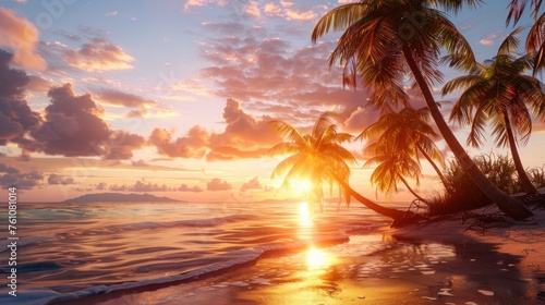 Beach with coconut trees at sunset