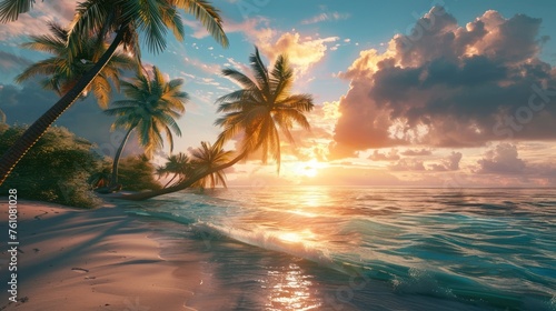 Beach with coconut trees at sunset