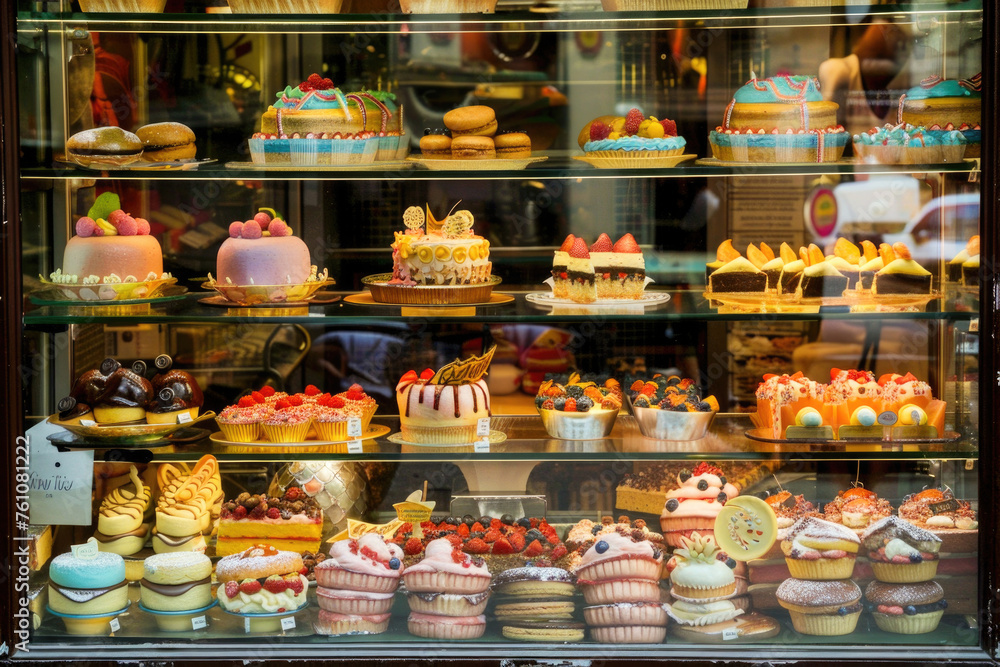 Facade windows of a pastry shop displaying delicious treats