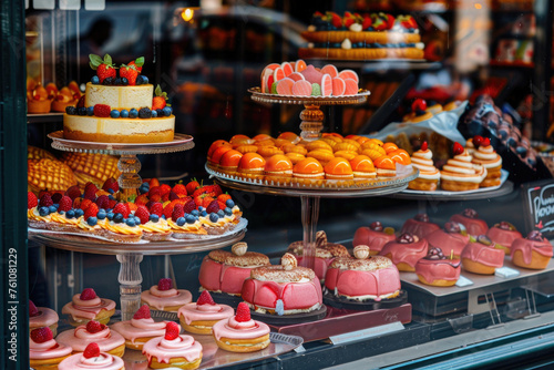 Facade windows of a pastry shop displaying delicious treats