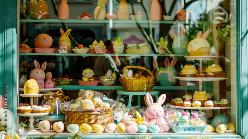 A festive Easter-themed bakery storefront window display