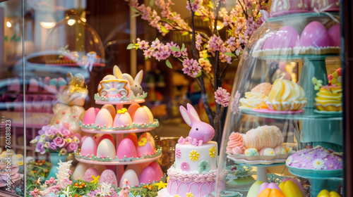 A festive Easter-themed bakery storefront window display