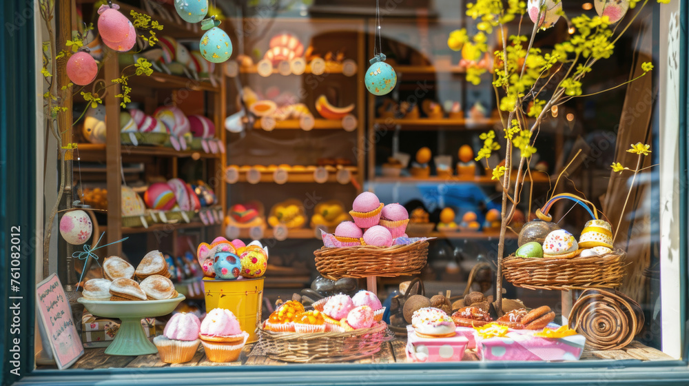 A festive Easter-themed bakery storefront window display