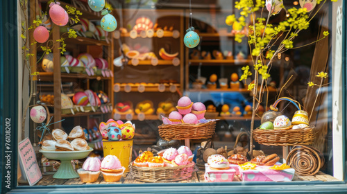 A festive Easter-themed bakery storefront window display