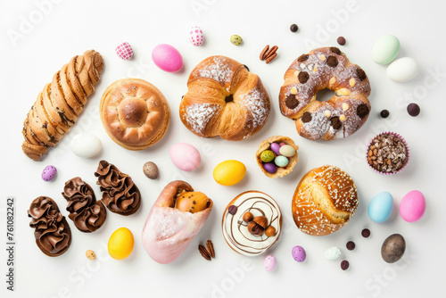 Easter bakery treats arranged beautifully on a white background