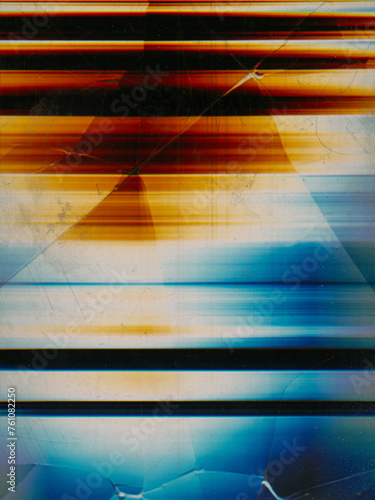 Damaged screen. Matrix glitch. Broken glass. Blue orange white color dust scratch noise shattered worn texture on black illustration abstract background.