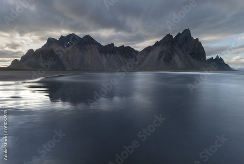 Long exposure photograph of a famous Vestrahorn mountain during sunset at Stokksnes in Hofn, east Iceland