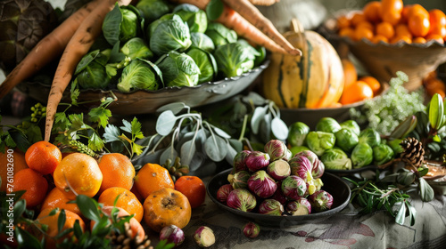 The table is adorned with an array of vibrant seasonal colors from the deep greens of Brussels sprouts to the rich oranges of sweet potatoes.