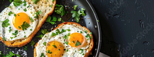 eggs and toast with parsley sprinkled in a pan on black background in the style of 32k uhd