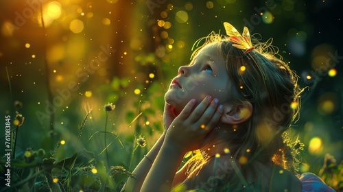 portrait of a cute kid girl dreaming of a fantasy world. beautiful nature and magical shiny lights. wallpaper background