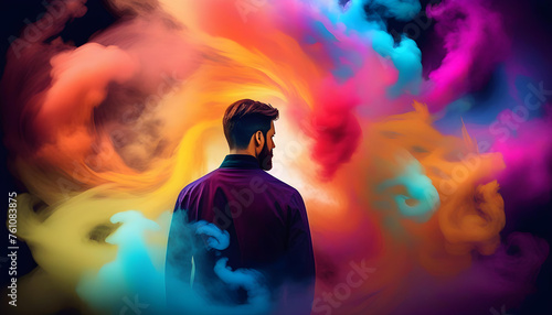 A digital sketch of a man surrounded by swirling smoke and triadic colors