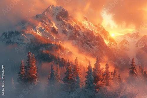 Beautiful sunset in the mountain. Created with Ai
