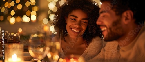 New couple welcomed at family dinner, table setting, close up, warm tones, side angle, joyful.