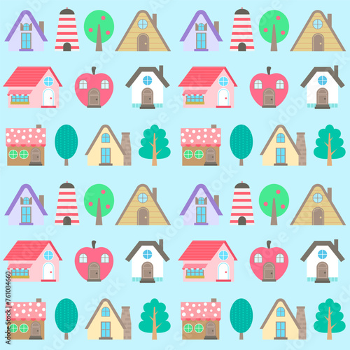 Hand drawn kids pattern city landscape with a variety of building Vector illustration